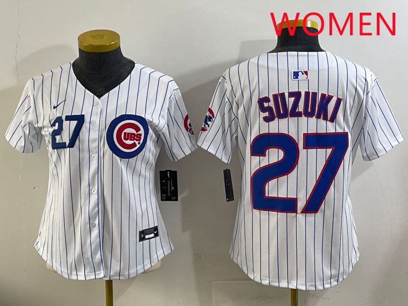 Women 2025 Chicago Cubs #27 Suzuki White Stripe Game Nike MLB Jersey style 3->women mlb jersey->Women Jersey